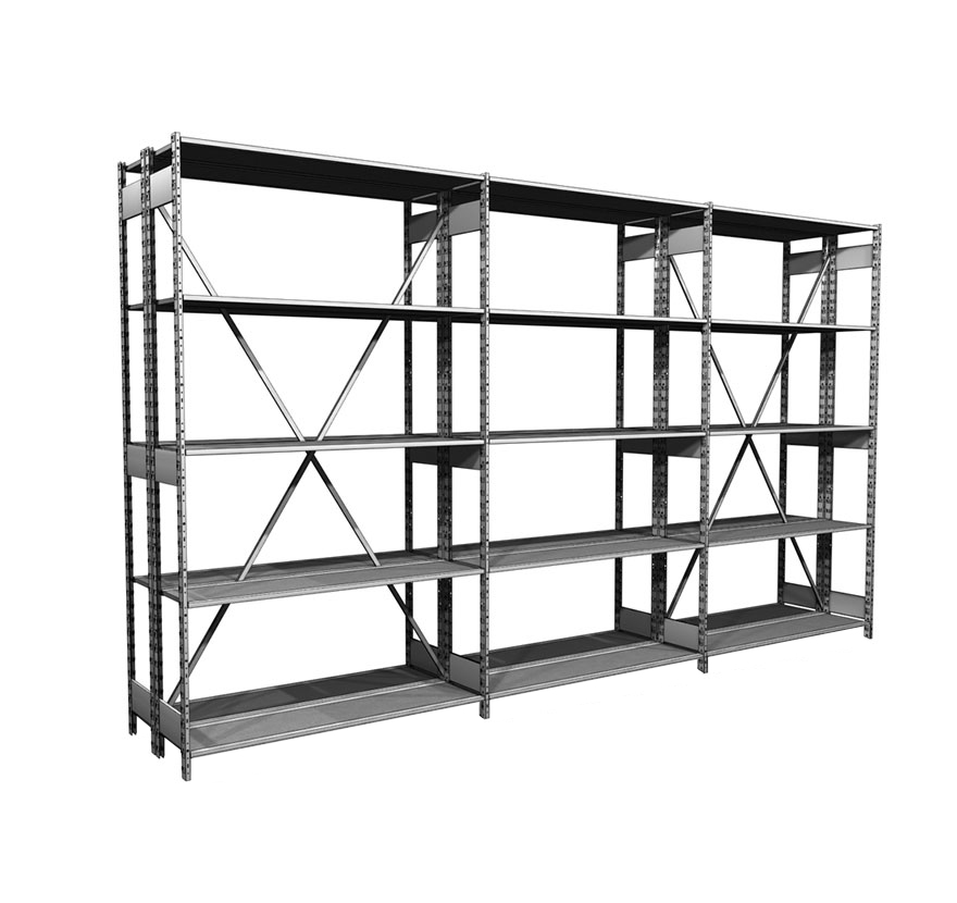Image of 3 sections of S-Series Storage shelving utilizing 2 Crossbraces.