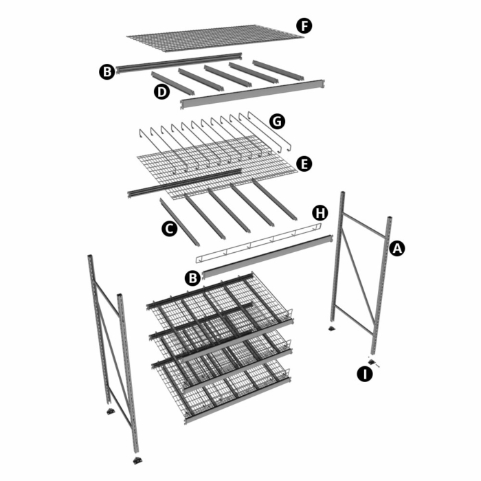 Exploded view of Widespan Rack assembly showing labeled components